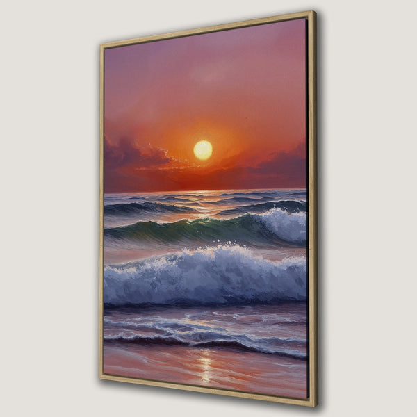 Framed Wall Art: Ocean sunset canvas print. Coastal art with a warm color palette of orange, purple, and blue. Perfect for adding a calming touch to any space.