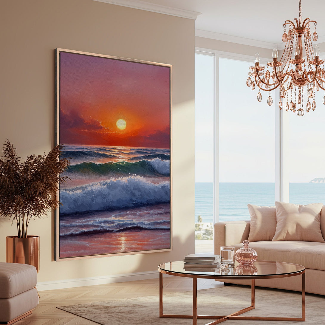 Framed Wall Art: Sunset ocean waves in warm red and blue tones. Coastal art print perfect for adding a touch of serenity to your home decor.