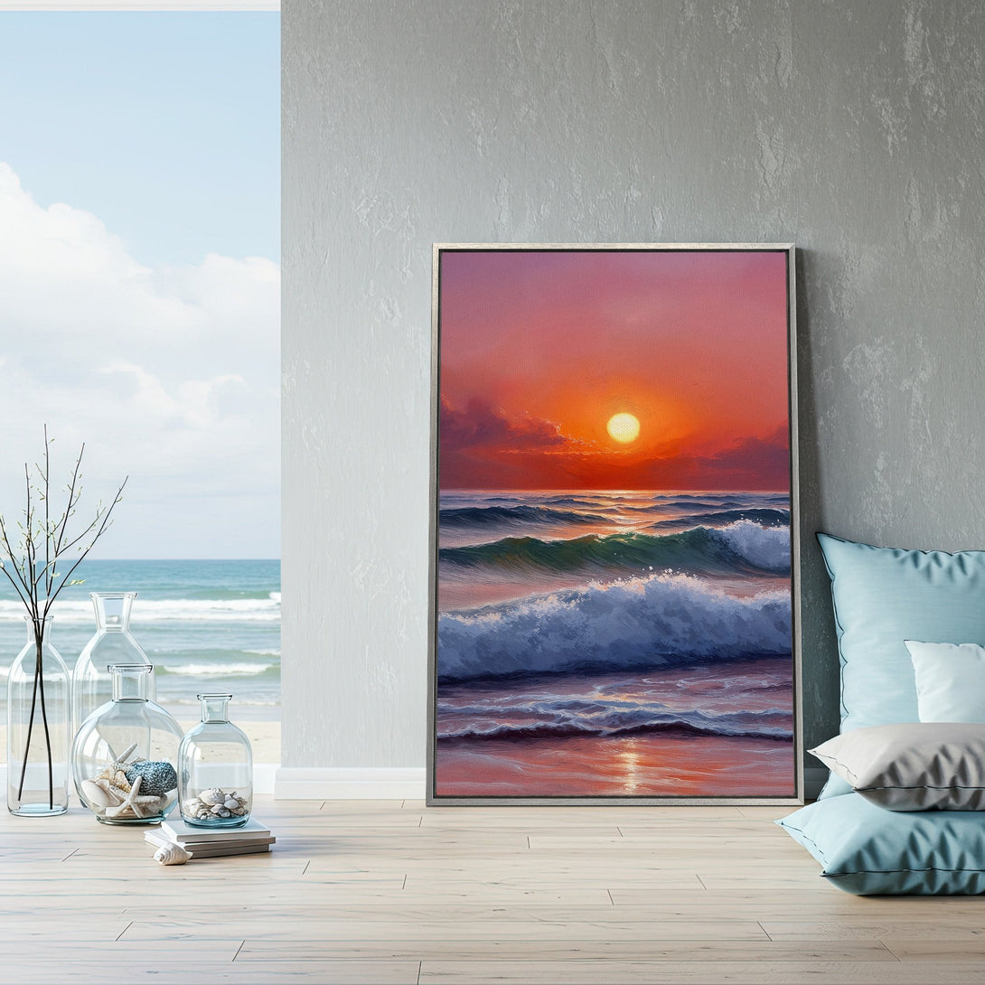 Framed Wall Art: Sunset seascape canvas print with vibrant orange, pink, and blue hues. Coastal art for a relaxing home decor vibe.
