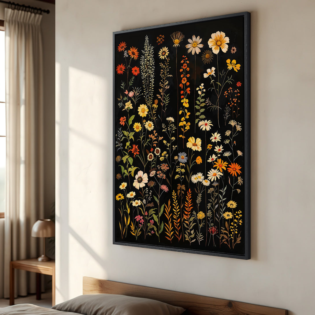 Framed Wall Art featuring vibrant floral illustration on black background. Botanical print with warm, earthy tones. Perfect for adding a touch of nature to your decor.