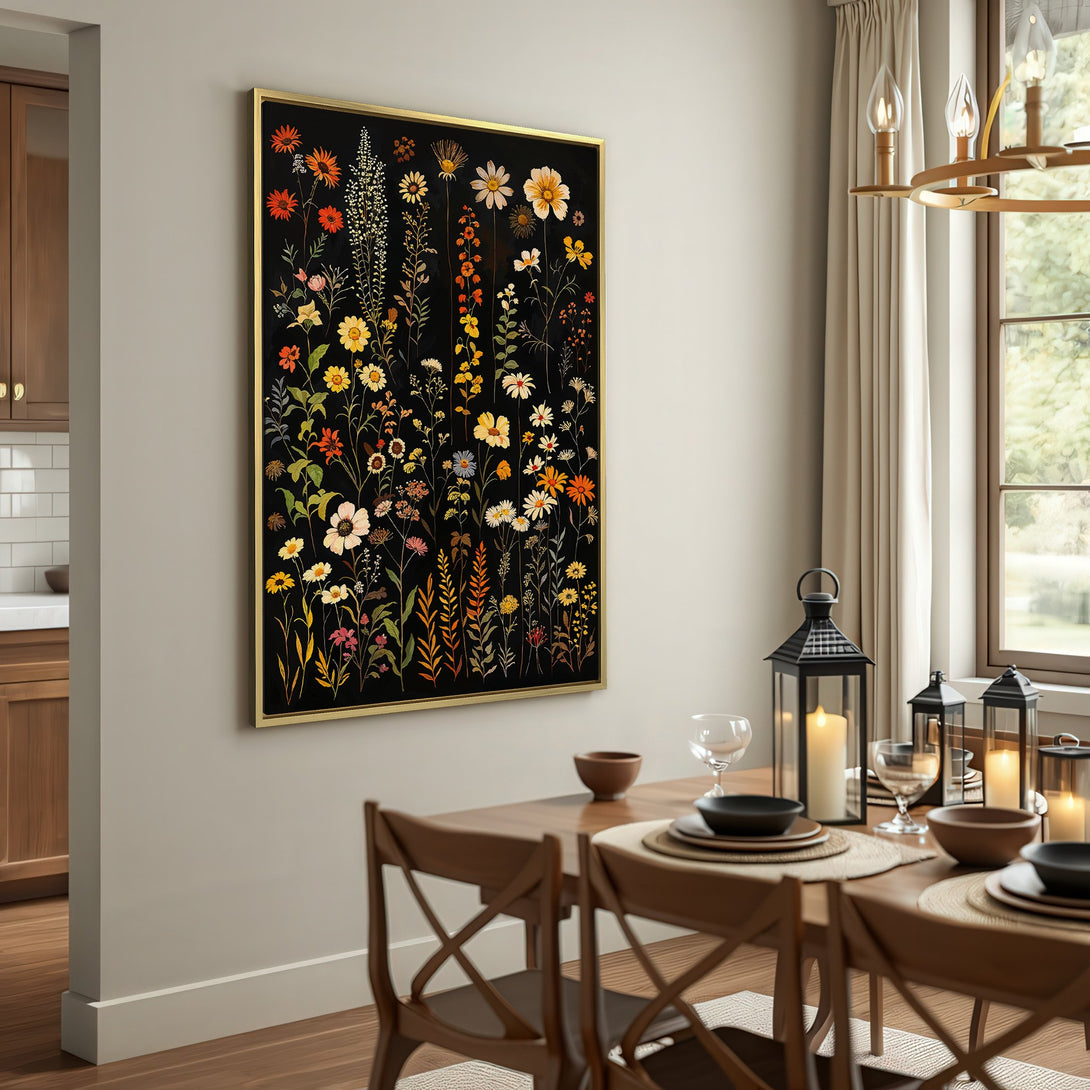 Canvas Print of colorful wildflowers on black background. Rustic style, warm color palette. Perfect wall art for any space.