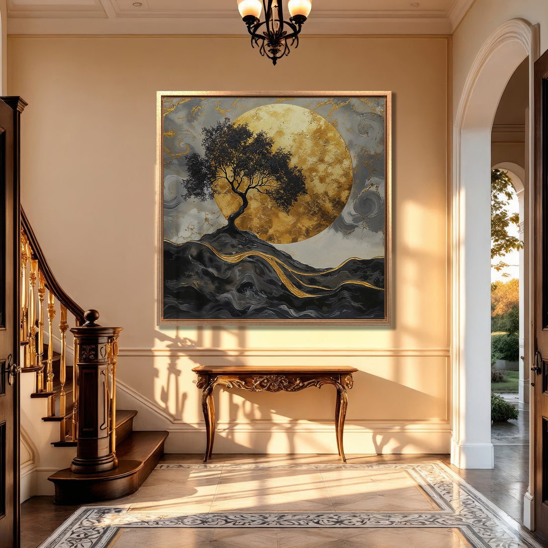 Framed Wall Art: Abstract tree art in gold, gray, and black. Modern canvas print adds elegance to any interior. Shop now for stunning wall decor!