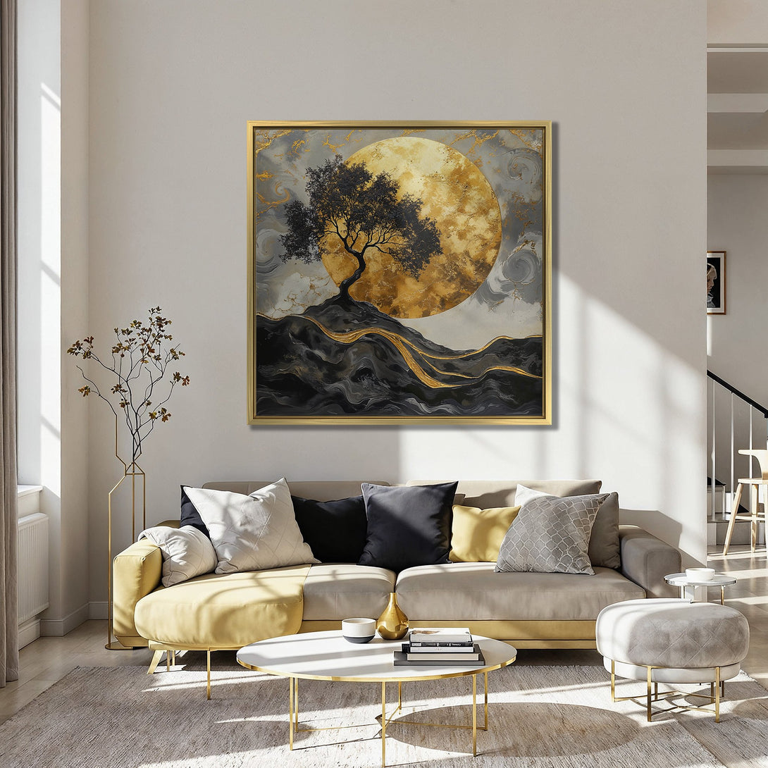 Canvas Print featuring a tree silhouette against a gold moon. Modern abstract art with black, gold, and gray tones. Perfect for home decor.