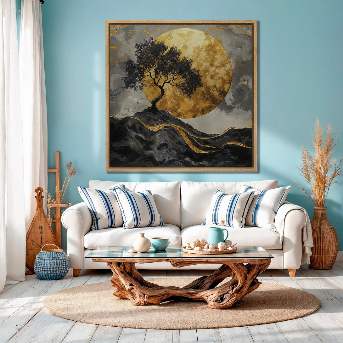 Framed Wall Art: Abstract tree art with gold and gray tones. Modern canvas print for living room decor. Earthy color palette.