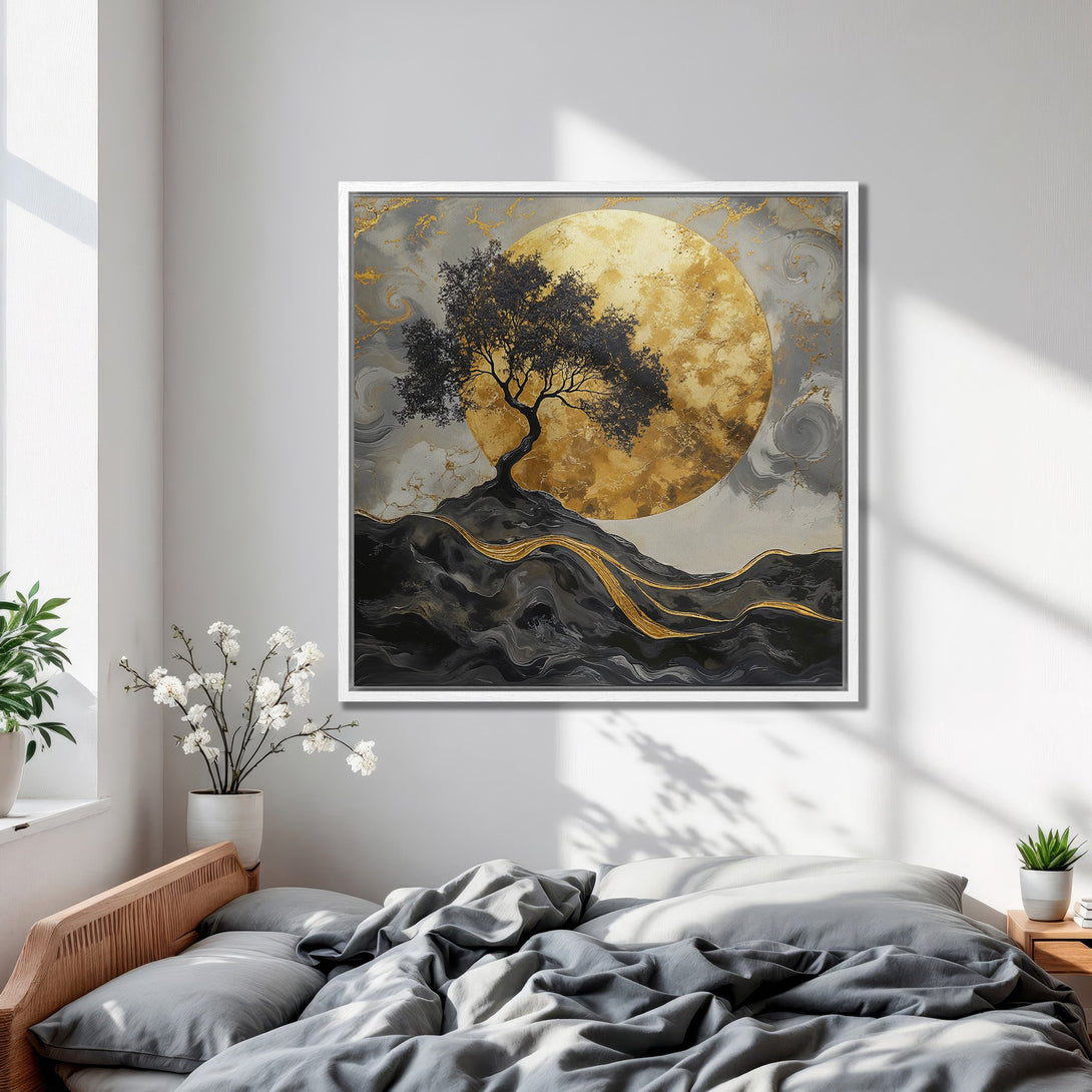 Framed Wall Art: Abstract landscape Canvas Print with gold, black, and gray tones. Adds a touch of zen to any bedroom decor. Shop now!