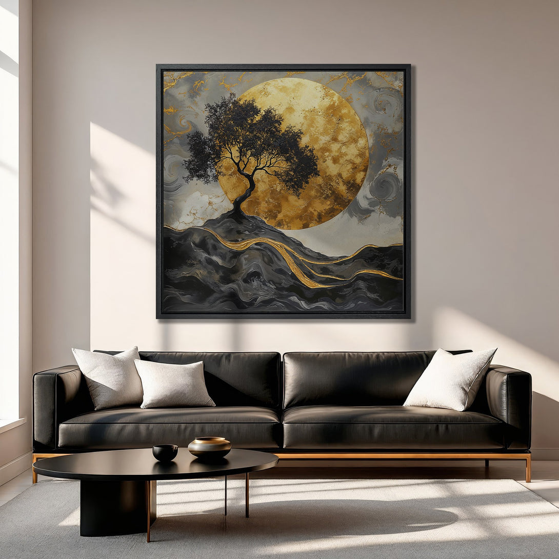 Framed Wall Art: Abstract landscape Canvas Print with gold, black, and gray tones. Modern art for home decor, featuring a tree and moon.
