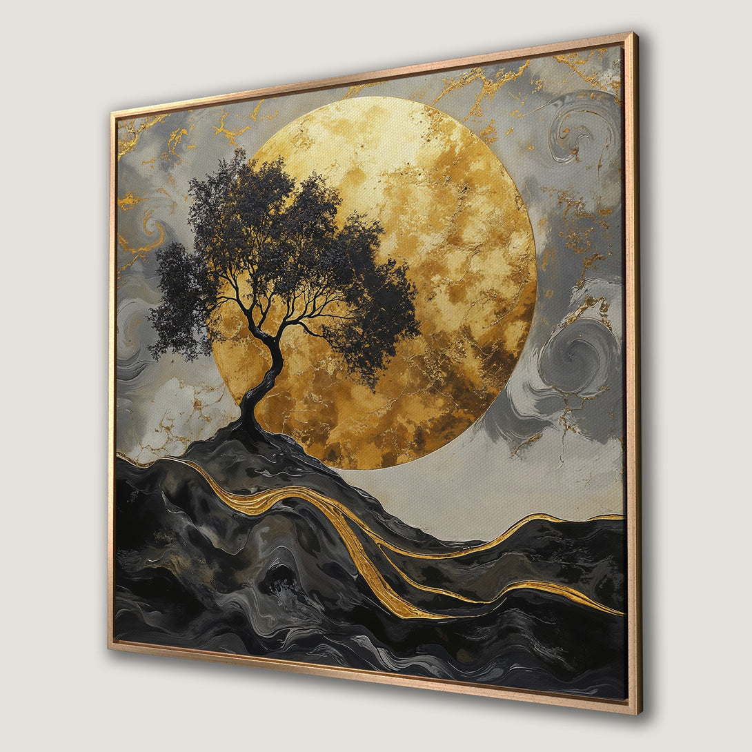 Framed Wall Art: Abstract tree art with a gold and black color palette. Modern canvas print for living room decor.