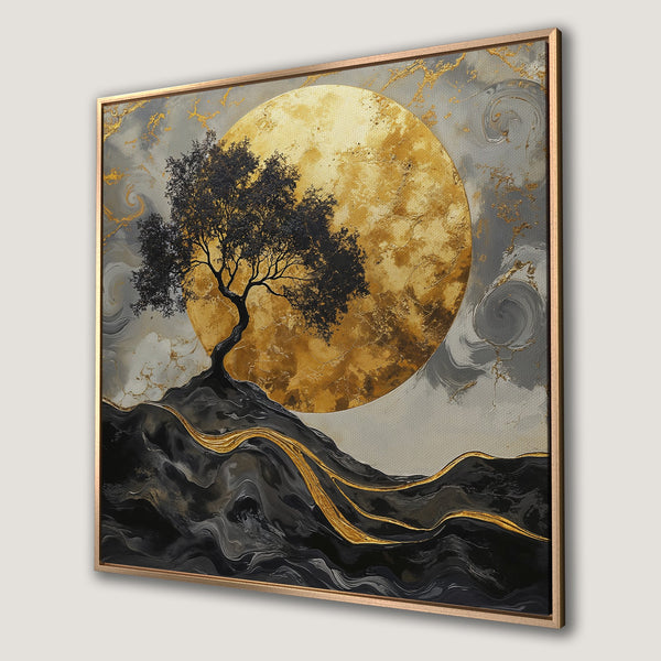 Framed Wall Art: Abstract tree art with a gold and black color palette. Modern canvas print for living room decor.