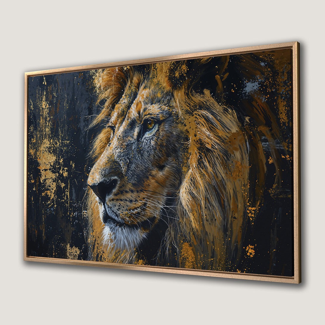 Framed Wall Art: Majestic lion portrait in gold and black abstract style. Add a touch of wild elegance to your space with this stunning canvas print.