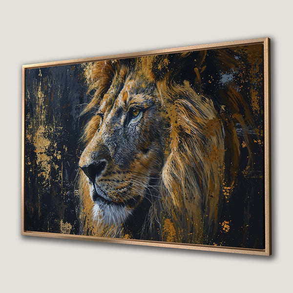 Framed Wall Art: Majestic lion portrait in gold and black abstract style. Add a touch of wild elegance to your space with this stunning canvas print.