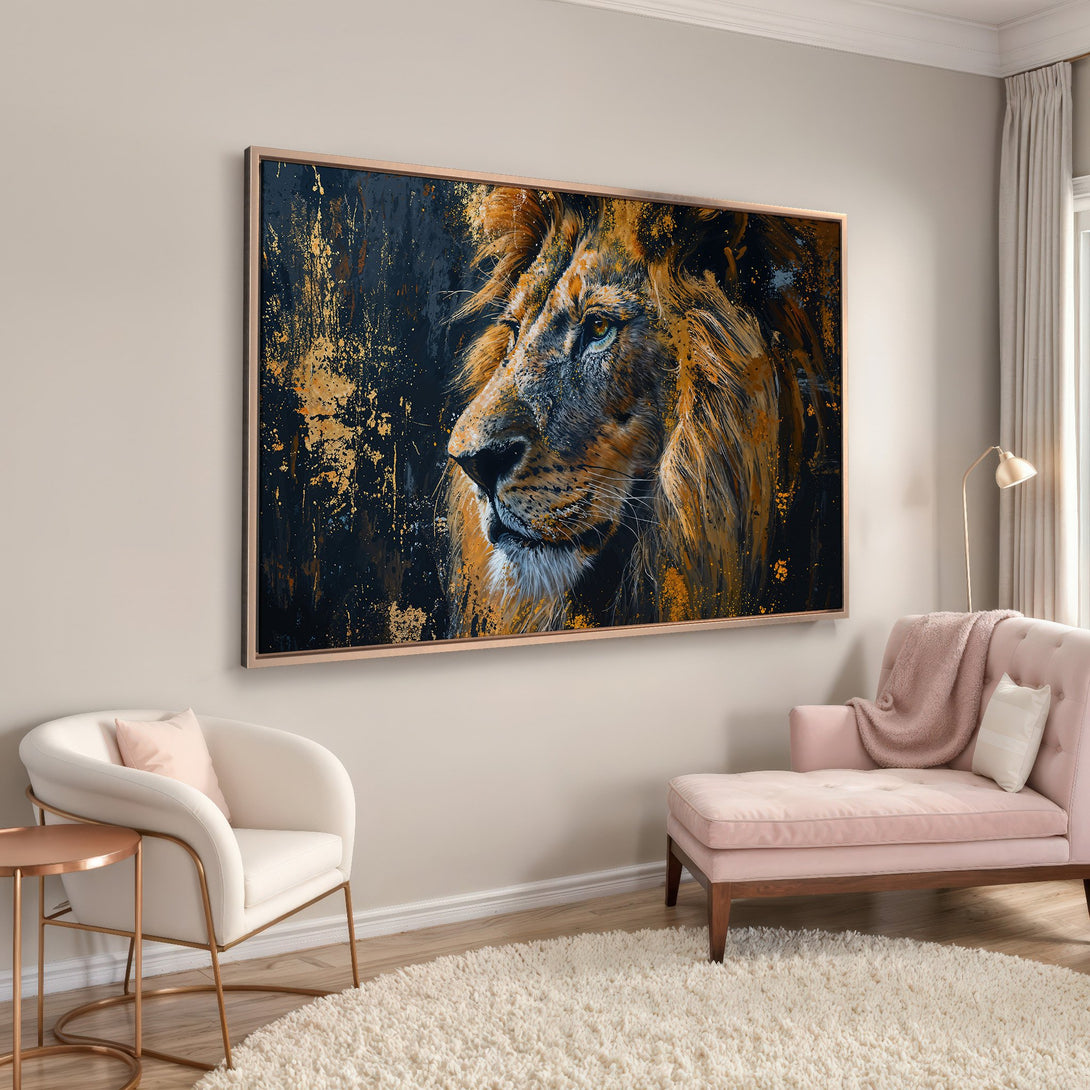Framed Wall Art: Majestic lion portrait in gold and black. Modern abstract style. Elevate your space with this stunning canvas print.