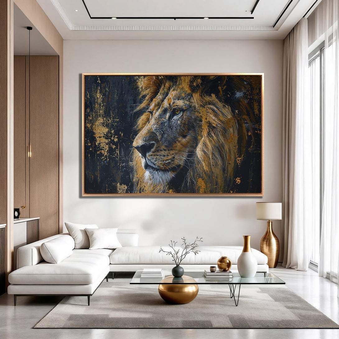Framed Wall Art: Majestic lion portrait in a modern, abstract style with a dramatic black, gold, and brown color palette. Perfect for a luxury living room.