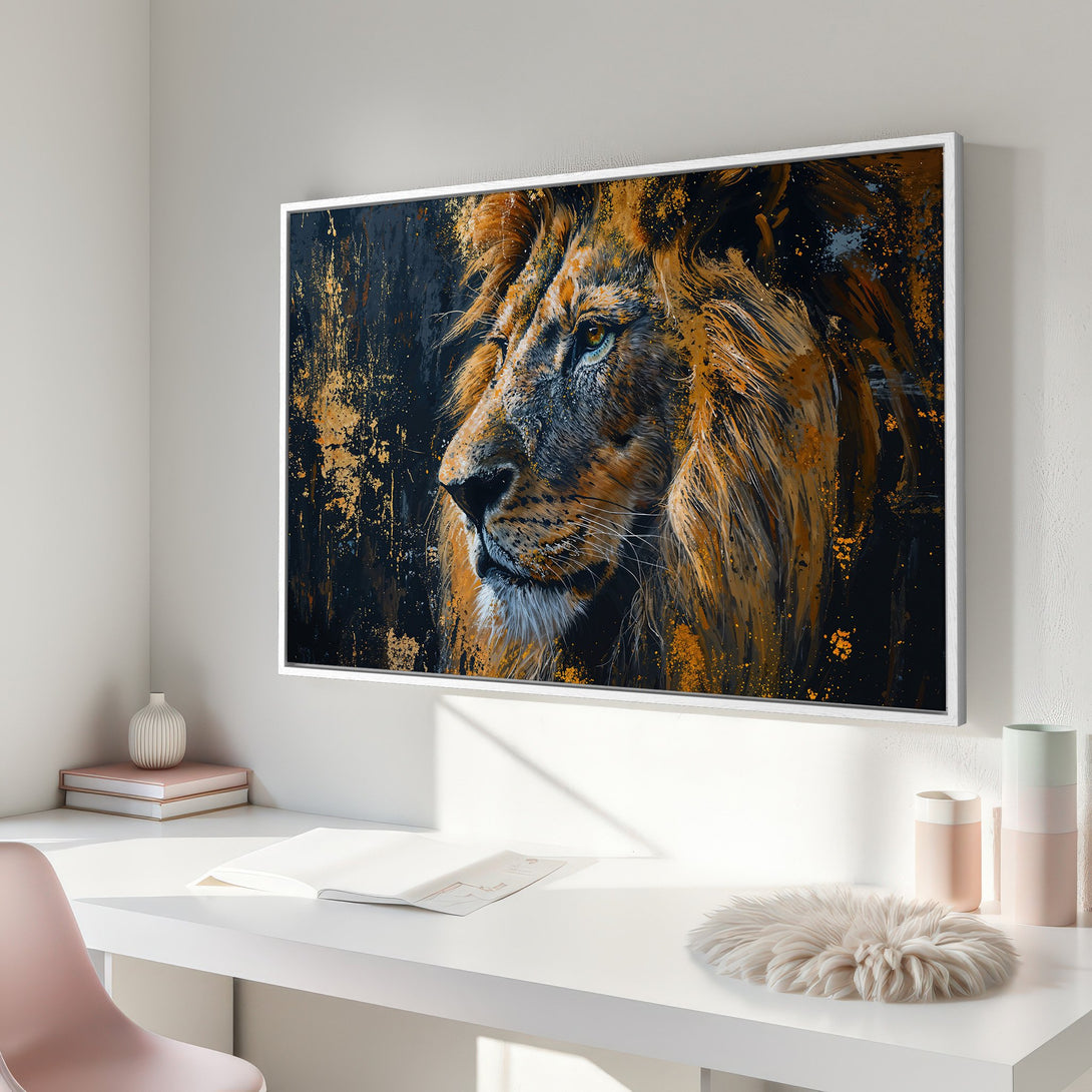 Framed Wall Art: Majestic lion portrait in warm orange and black tones. Modern abstract style canvas print perfect for adding a touch of elegance to any space.