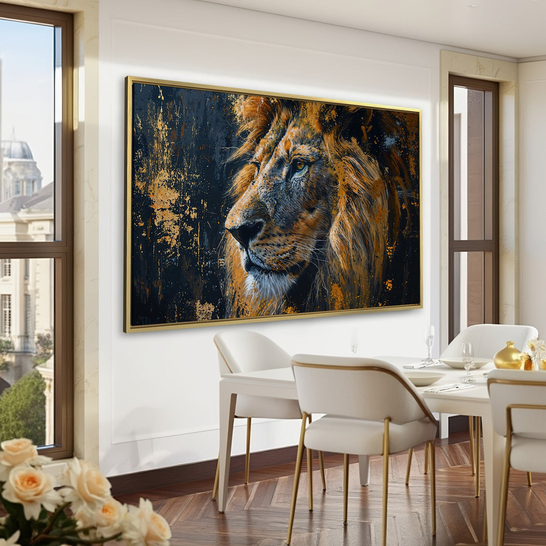 Canvas Print: Majestic lion art in gold and black tones, displayed in a luxurious green interior. Elevate your space with this stunning wall art!