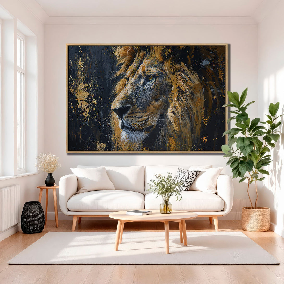Framed Wall Art: Majestic lion portrait in gold and black abstract style. Elevate your space with this stunning Canvas Print, perfect for modern decor.