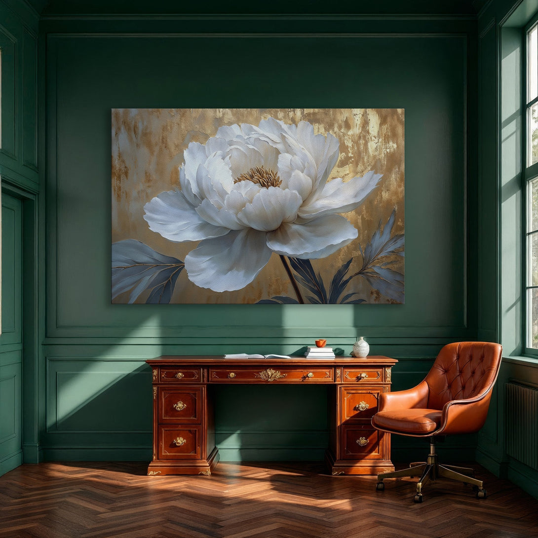 Framed Wall Art: Elegant floral canvas print in a modern dining room. Features a white peony with gold, blue, and neutral tones. Elevate your space!