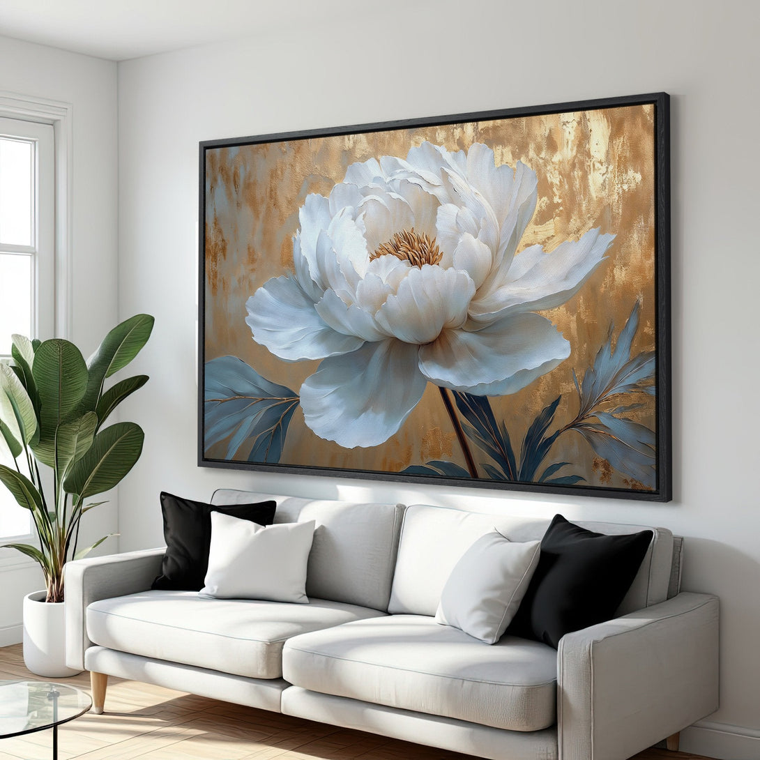 Framed Wall Art: Elegant white peony canvas print with gold and blue accents. Modern floral art for a stylish living room.