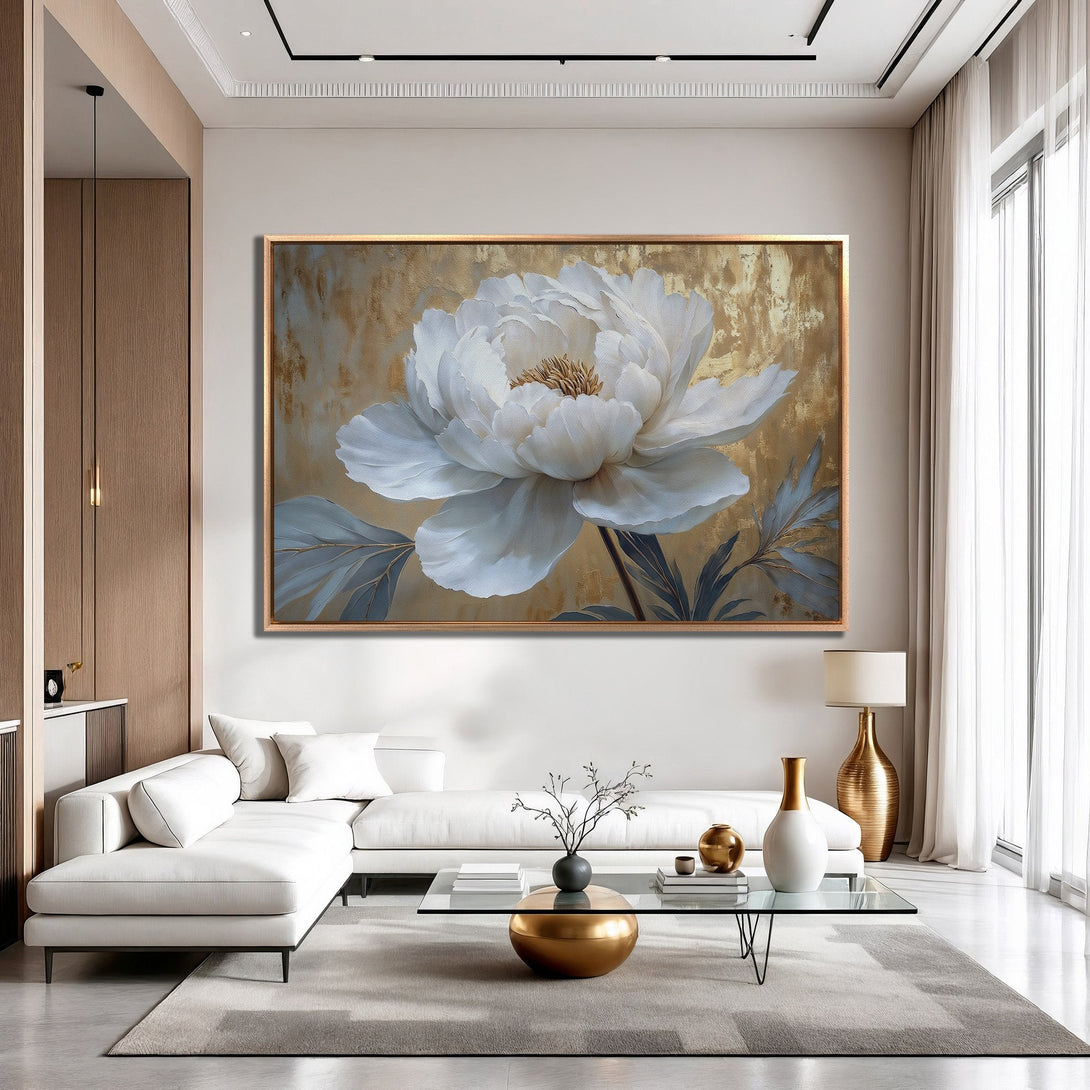 Framed Wall Art: Elegant white peony floral print with gold accents. Modern style, neutral color palette perfect for living room decor.