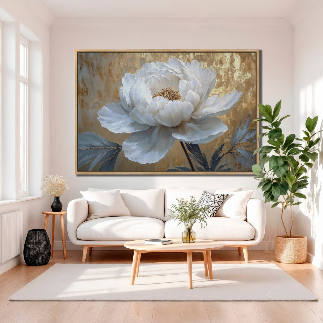 Framed Wall Art: Elegant white peony canvas print in a modern living room. Features a gold and blue color palette, perfect for home decor.