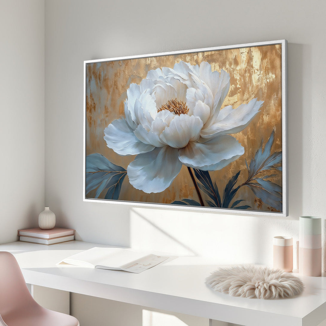 Framed Wall Art featuring a large white peony against a gold background. Modern floral art with a serene, neutral color palette.