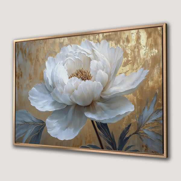 Framed Wall Art: Elegant white peony painting with gold background. Modern floral art with a neutral, sophisticated color palette. Perfect for home decor.
