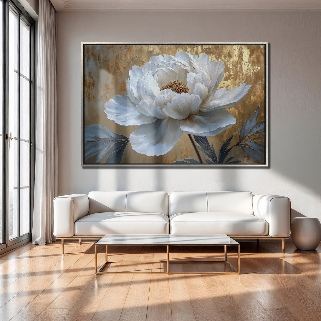 Framed Wall Art featuring a large white peony painting with gold and blue accents. Modern floral art for elegant home decor.