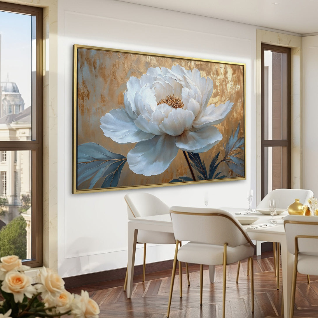 Canvas Print of a large white peony flower with gold background, displayed in a luxurious green interior. Modern floral wall art.