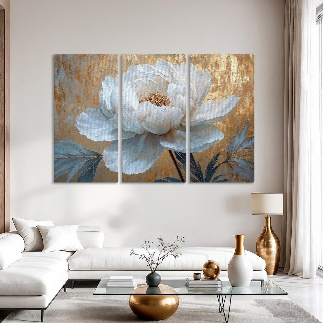 Canvas Print of a large white peony flower with gold background, modern art style, and a neutral color palette for elegant home decor.