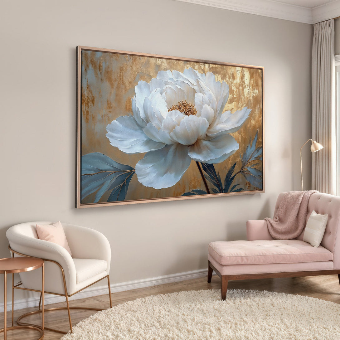 Framed Wall Art: Elegant white peony canvas print with gold and blue accents. Modern floral art for a stylish interior with a soft, neutral color palette.