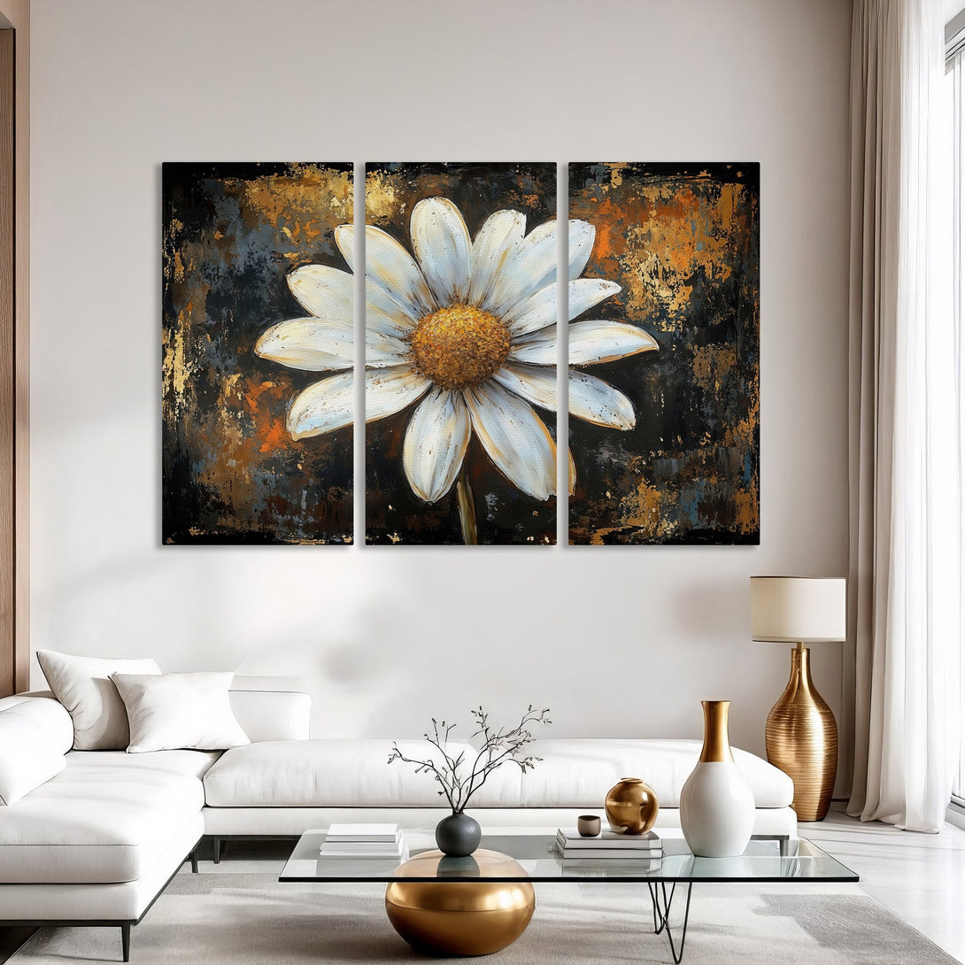 Canvas Print: Large white daisy flower art with gold and black abstract background. Modern wall decor for living room.