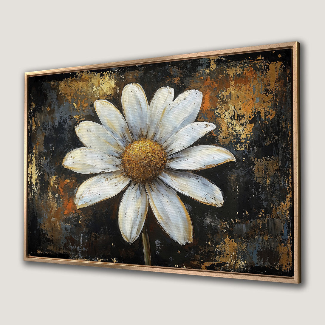 Framed Wall Art: Abstract daisy painting with white petals and gold accents on a dark background. Modern floral art for home decor.