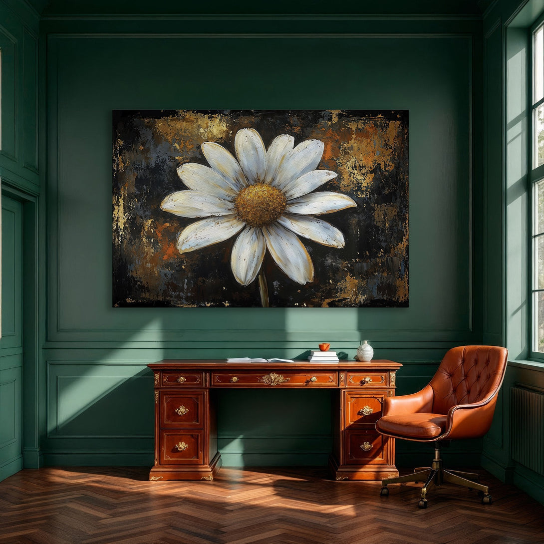 Framed Wall Art: Stunning daisy painting with gold accents. Modern, abstract style in a black, white, and gold color palette. Perfect for dining room decor.