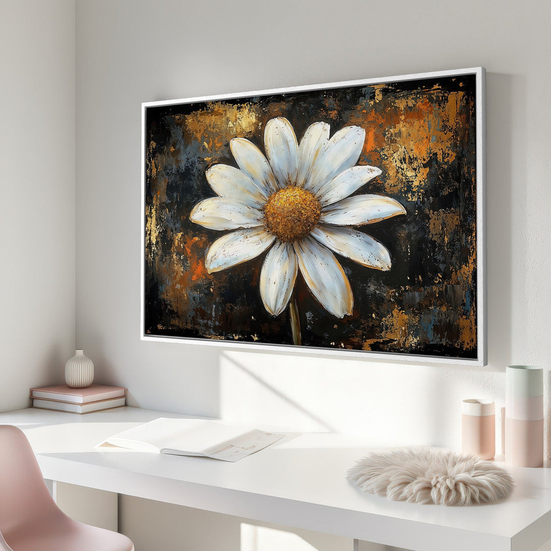 Framed Wall Art: Stunning white daisy painting with gold and black abstract background. Modern floral decor with neutral color palette.