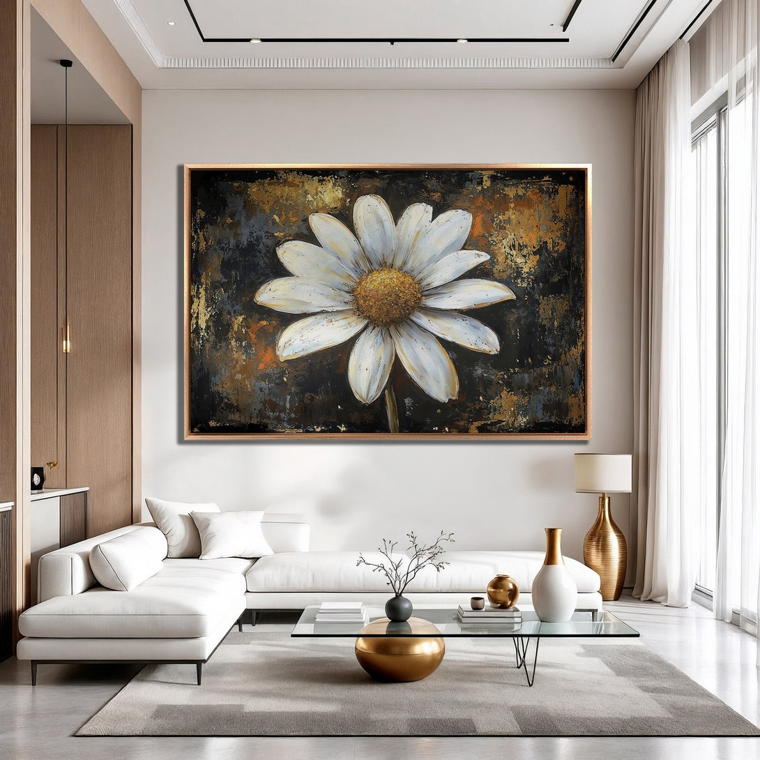 Framed Wall Art: Large abstract daisy painting with white petals, gold and black background. Modern art in a living room, neutral color palette.