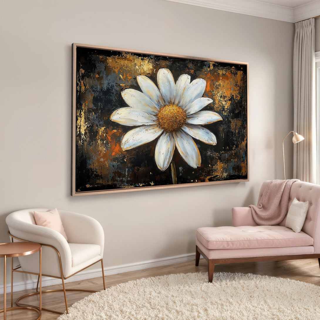 Framed Wall Art: Large abstract daisy canvas print in a modern interior. Features white, gold, and black color palette for a stylish home decor accent.