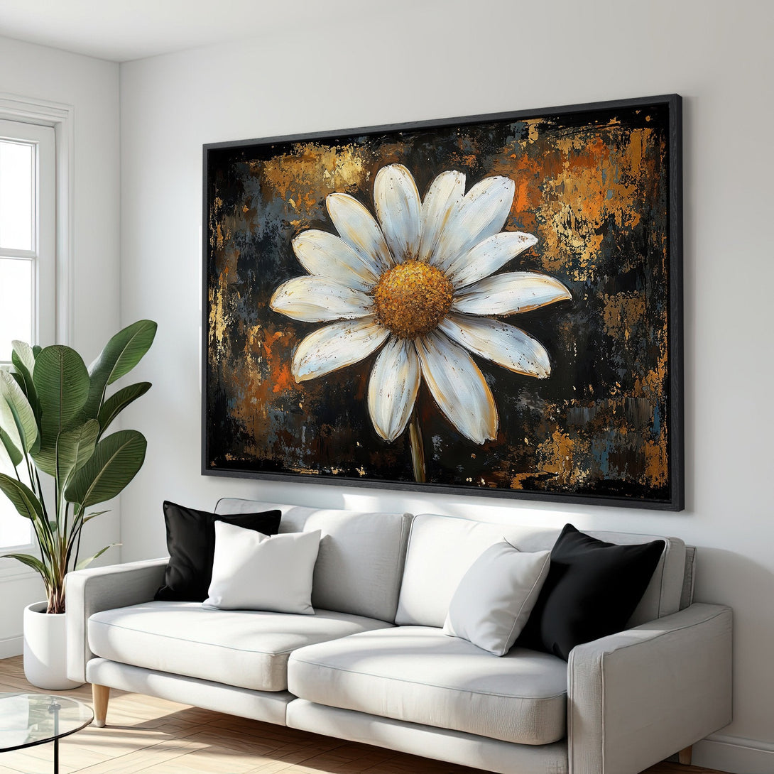 Framed Wall Art: Large daisy canvas print in a modern interior. Features a white flower against a gold, black, and orange abstract background.
