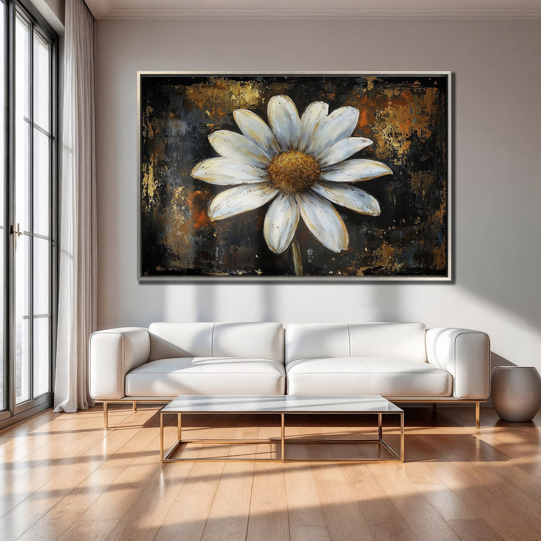 Framed Wall Art: Stunning daisy canvas print with a gold, black, and white color palette. Perfect for adding a touch of elegance to your home decor.