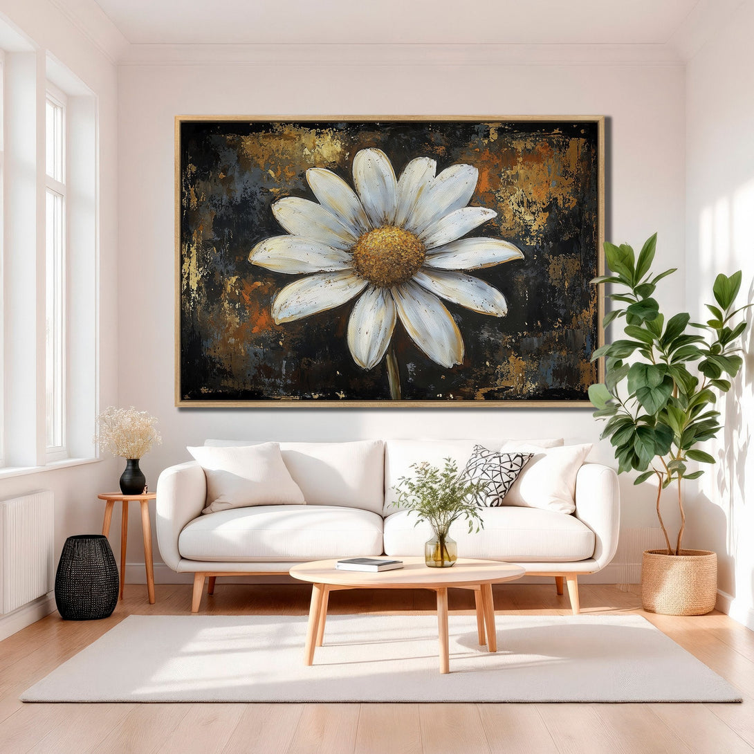 Framed Wall Art featuring a large white daisy painting with gold and black accents. Modern floral decor in neutral tones for stylish living rooms.