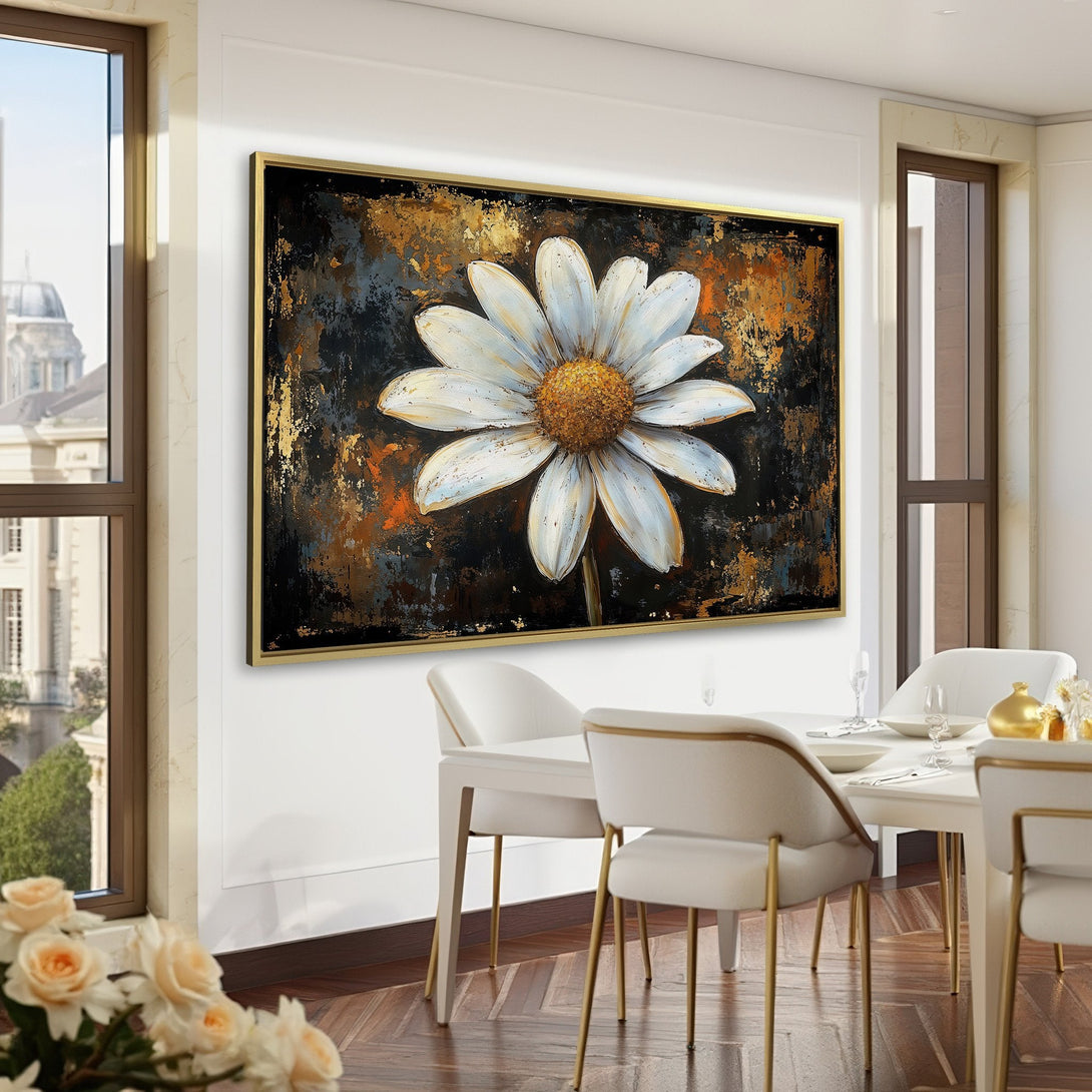 Canvas Print of a large white daisy flower in a dark, textured style. Gold and black background with a dark green interior.