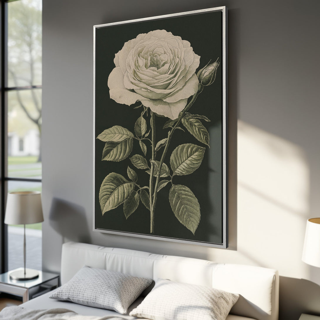 Framed Wall Art: Vintage botanical rose print in sepia tones. Adds elegance to any space. Perfect for bedroom decor. Shop now for timeless wall art!