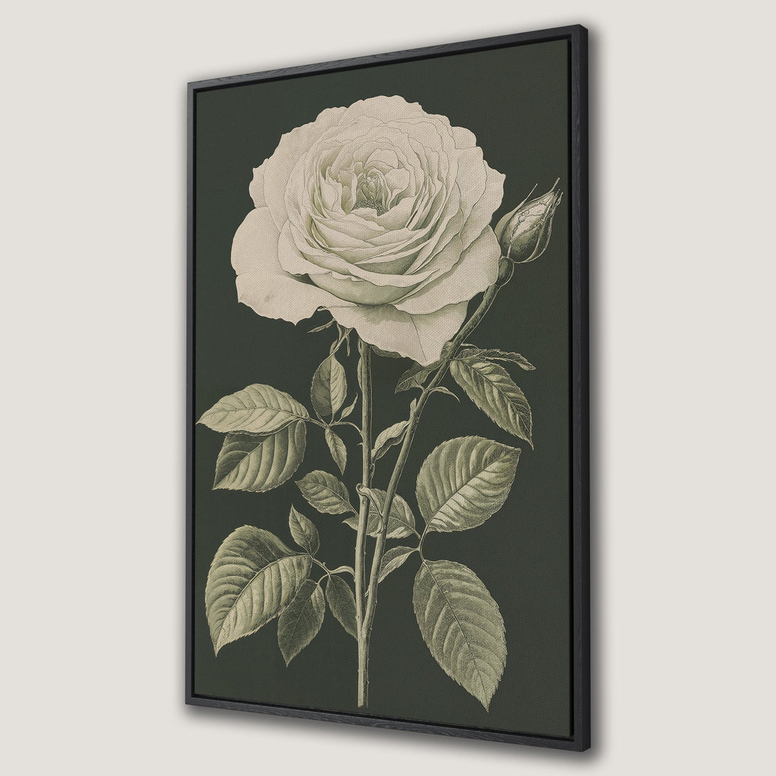 Framed Wall Art featuring a vintage botanical rose illustration in neutral tones on a dark green background. Perfect for adding elegance to any space.