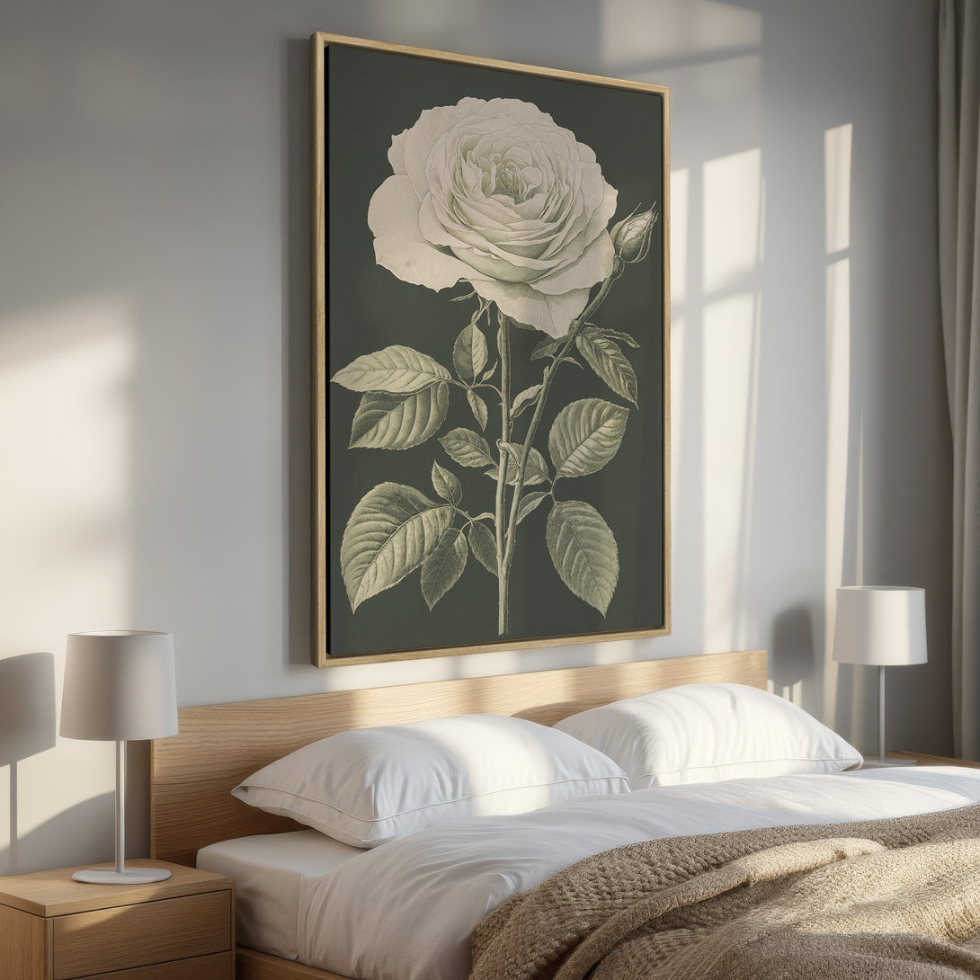Framed Wall Art featuring a botanical rose illustration in a vintage style. Neutral color palette adds a touch of elegance to any bedroom decor.