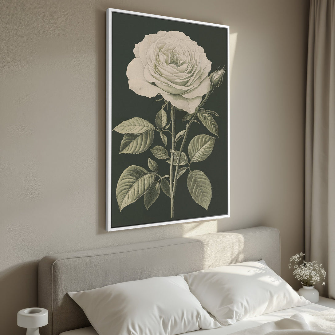 Framed Wall Art: Elegant botanical rose illustration in neutral tones. Perfect for bedroom decor. Vintage style canvas print with a calming color palette.