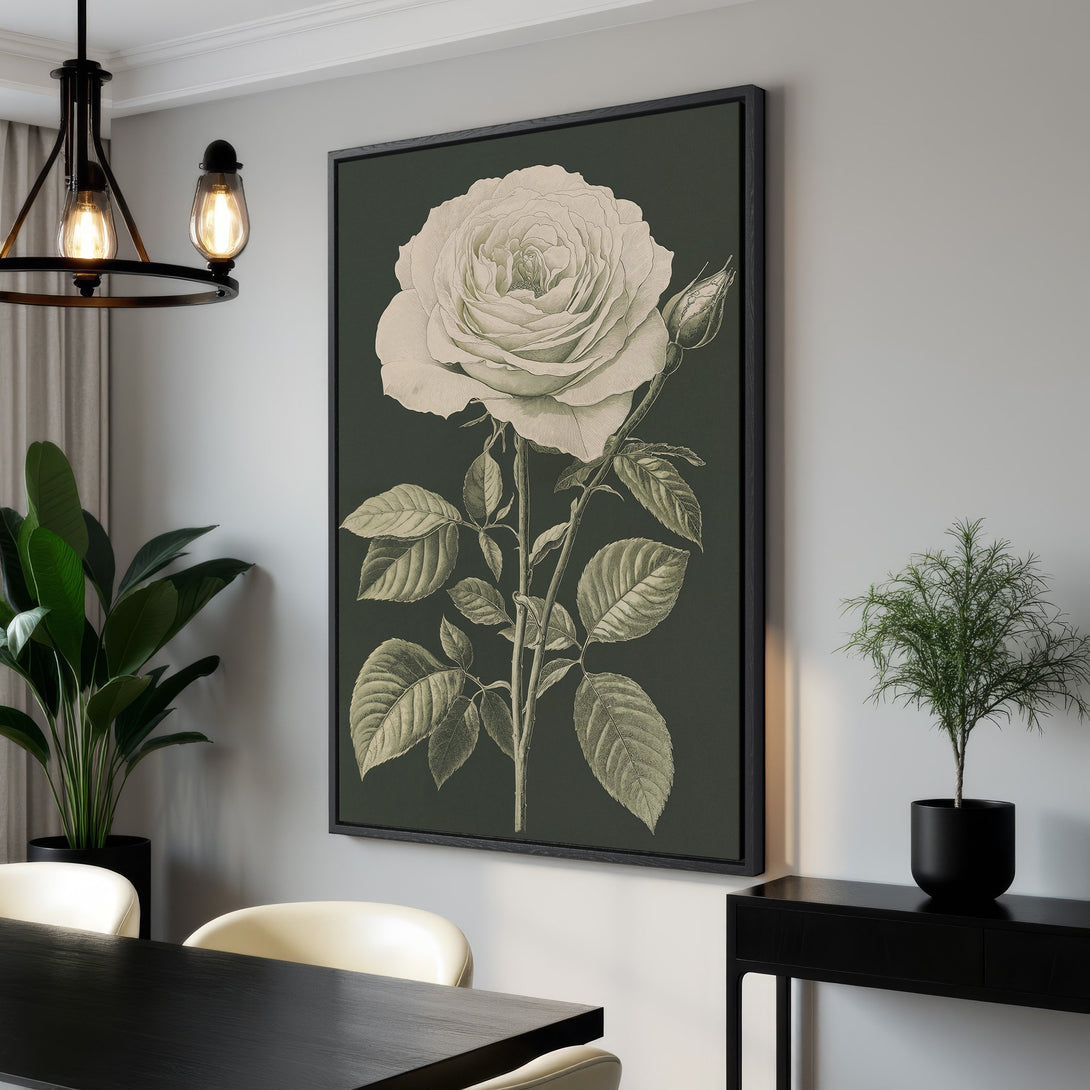 Framed Wall Art: Vintage rose botanical print in neutral tones. Elegant floral art for home decor. Perfect for adding a touch of nature to your space.
