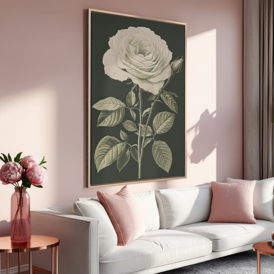 Framed Wall Art featuring a botanical rose illustration in a vintage style. Soft pink and green color palette adds a touch of elegance to any interior.