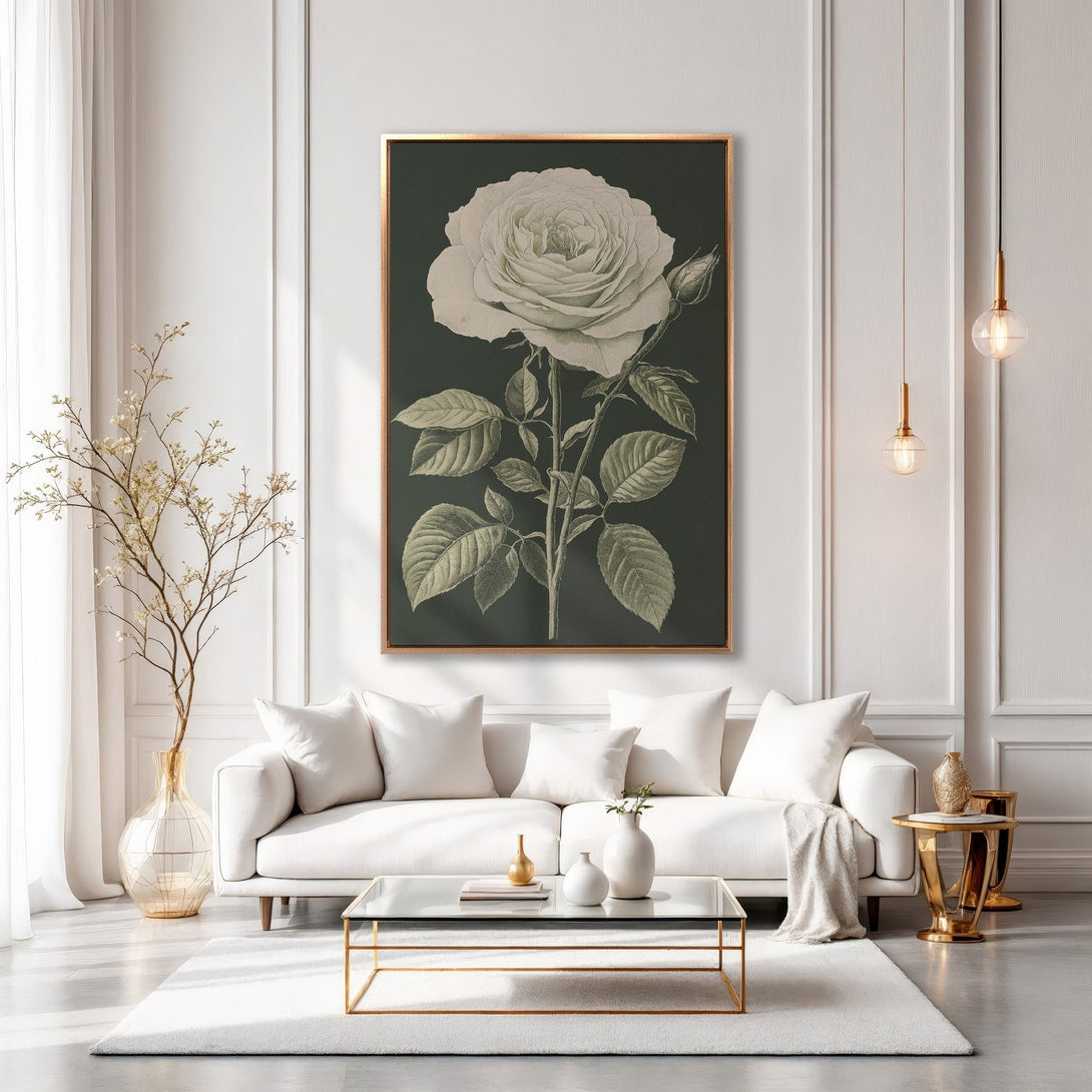 Framed Wall Art featuring a botanical rose print in neutral tones. Elegant home decor with a vintage-inspired style and a sophisticated color palette.