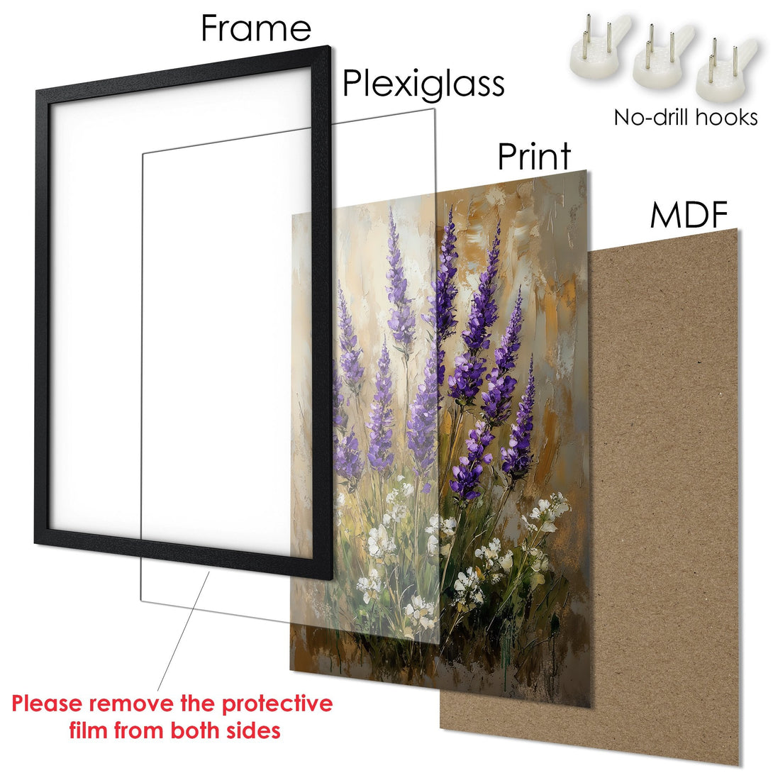 Framed Poster of lavender flowers in an impressionist style. Purple and gold color palette. Ready to hang art.
