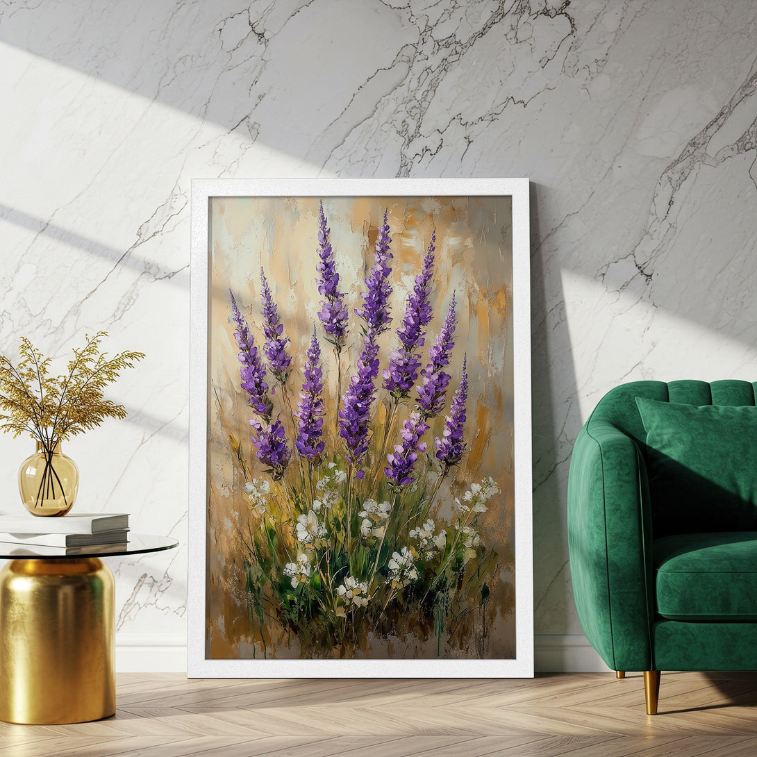 Framed Poster featuring a floral painting with purple lavender and white flowers, artistic style, warm color palette.