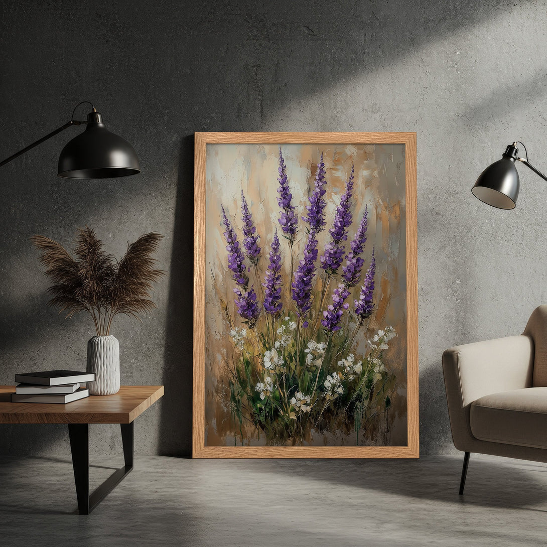 Framed Poster featuring lavender flowers in a textured, impressionistic style with a neutral and purple color palette. Perfect wall art!