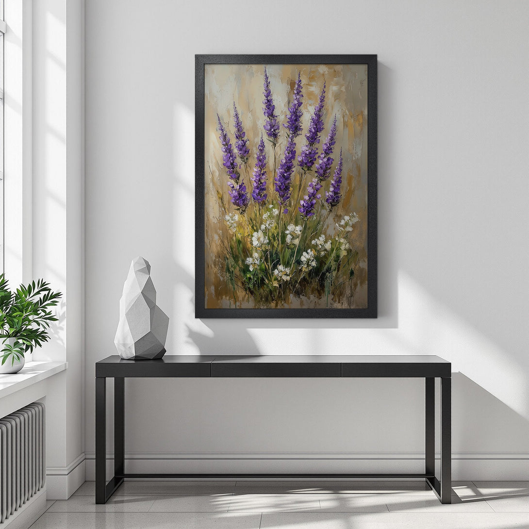 Framed Poster featuring vibrant lavender flowers in a textured, artistic style. Purple and beige color palette, perfect for home decor.